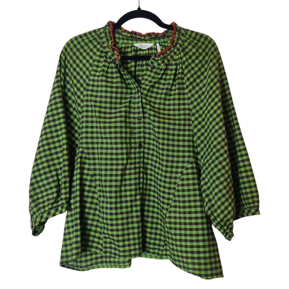 Toast Green Brown Gingham Check Cotton Blouse Medium Romantic Billow Puff Sleeve